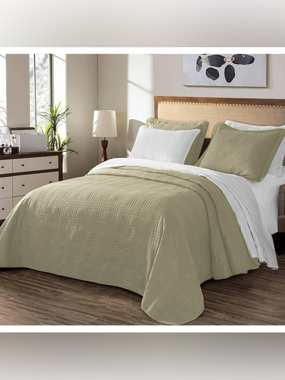 Reversible khaki oversized king 3 piece Quilt Set